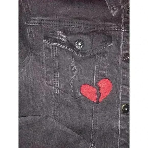 Kloud9 Unisex Medium Black Denim Jacket Destroyed Logo Heartbreaker Embellished - Picture 4 of 11